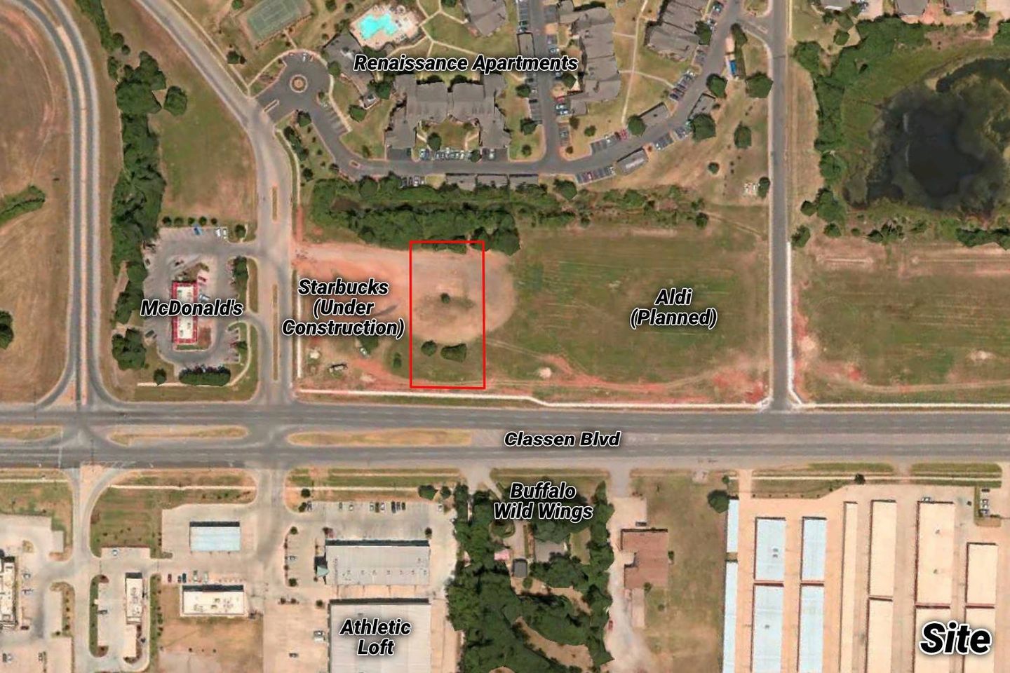 Labeled aerial of the small vacant parcel outlined in red on Classen Boulevard, among McDonald's, a Starbucks under construction, a planned Aldi, Buffalo Wild Wings, and Renaissance Apartments.