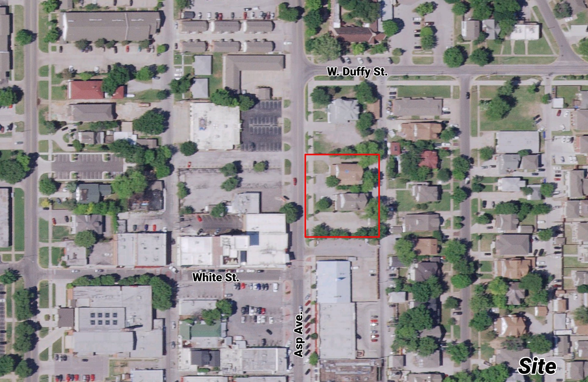 Labeled aerial of the Campus Corner parcel outlined in red near W. Duffy Street, White Street, and Asp Avenue.