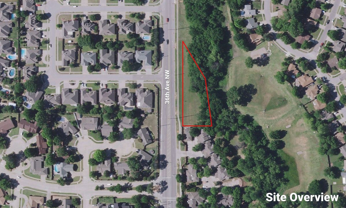 Labeled aerial of the narrow tract outlined in red along 36th Avenue NW, between a neighborhood and a golf course.