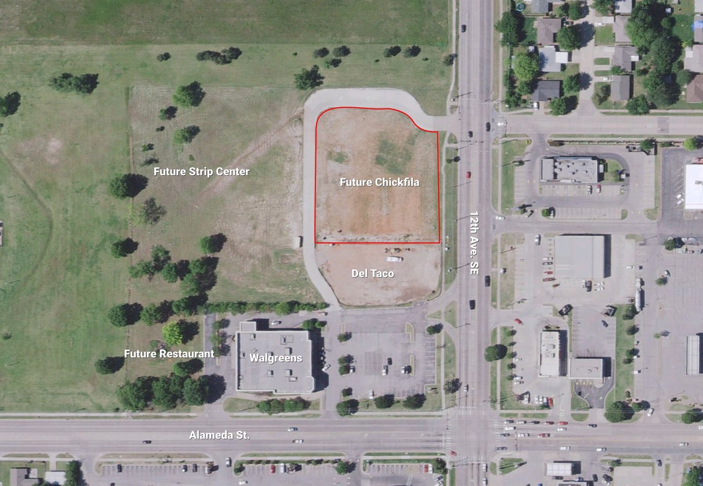 Labeled aerial of the future Chick-fil-A parcel outlined in red near 12th Avenue SE and Alameda Street, by Walgreens, Del Taco, and a future strip center.