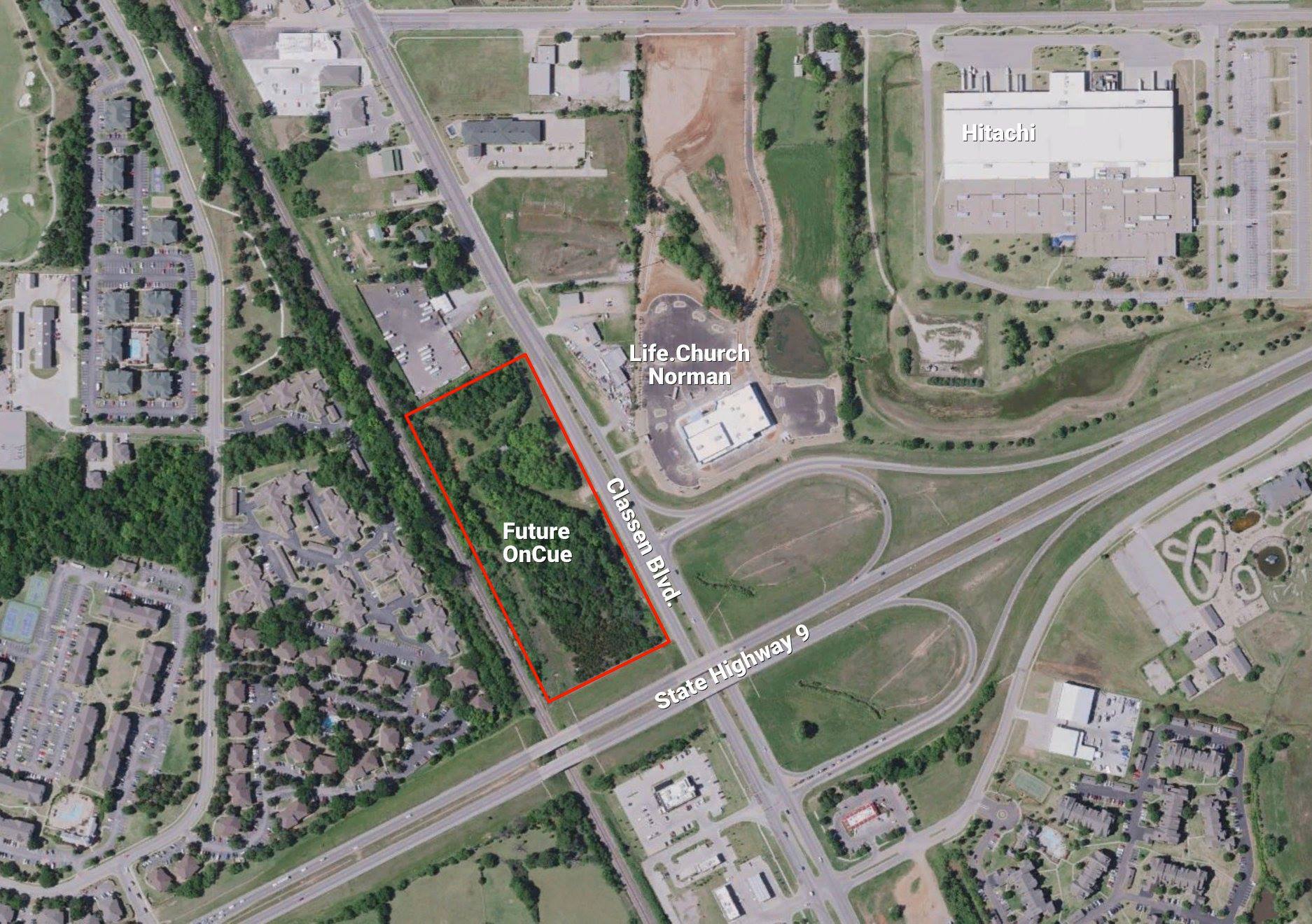 Labeled aerial of the future OnCue wooded tract outlined in red on Classen Boulevard near Life.Church Norman, Hitachi, and State Highway 9.