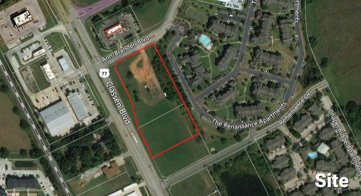 Aerial of the graded parcel outlined in red on Classen Boulevard at Ann Branden Boulevard, beside the Renaissance Apartments.